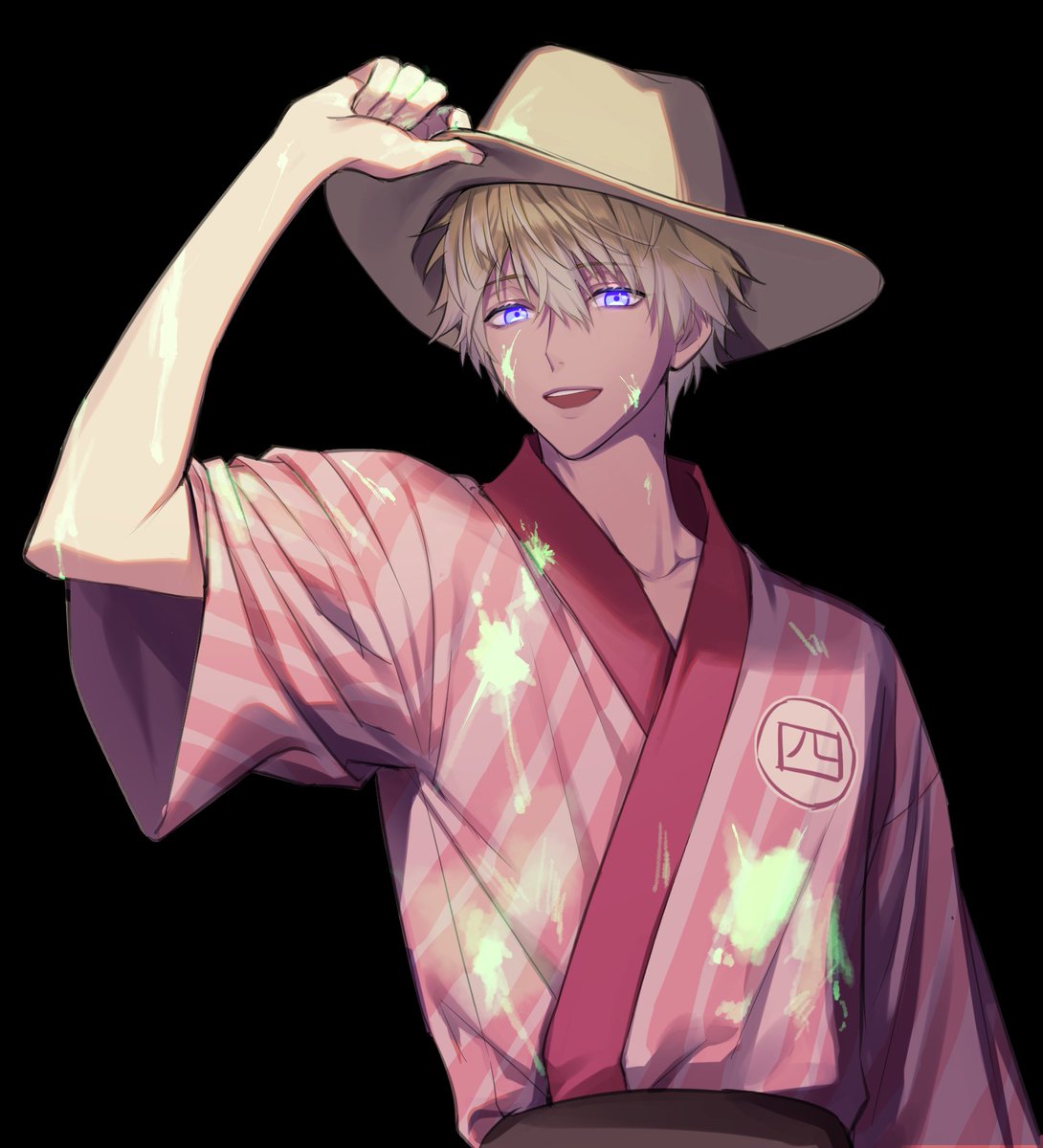 1boy male focus solo black background hat japanese clothes kimono  illustration images