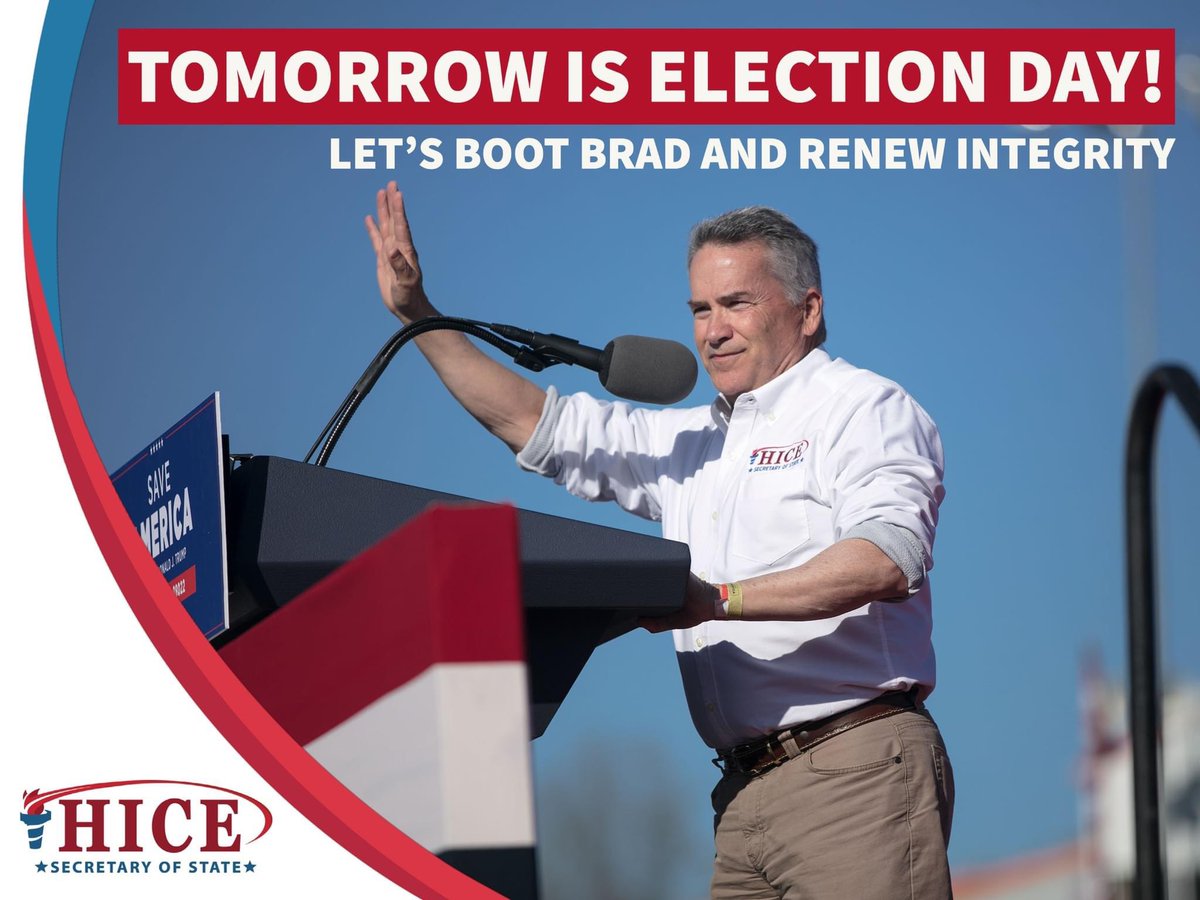 JodyHiceGA's tweet photo. Election Day is TOMORROW! 

Let’s #BootBrad and elect a Secretary of State who will restore confidence in our elections.

I am asking for your vote in tomorrow's primary so we can ensure that Georgia's elections are free, fair, and SECURE. Together, we can #RenewIntegrity! https://t.co/DVLMg9UDXe