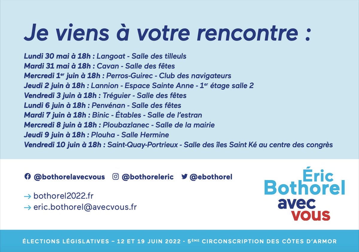 ebothorel's tweet photo. #AvecVous #MajoritéPrésidentielle #Circo2205
Je viens à votre rencontre, les dates ⤵️ https://t.co/XIpvLQCaHa