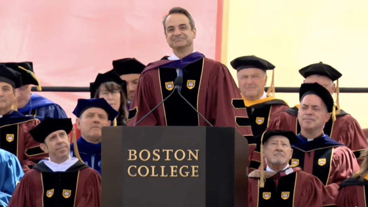 Prime Minister of Greece Kyriakos Mitsotakis speaking at BC Graduation