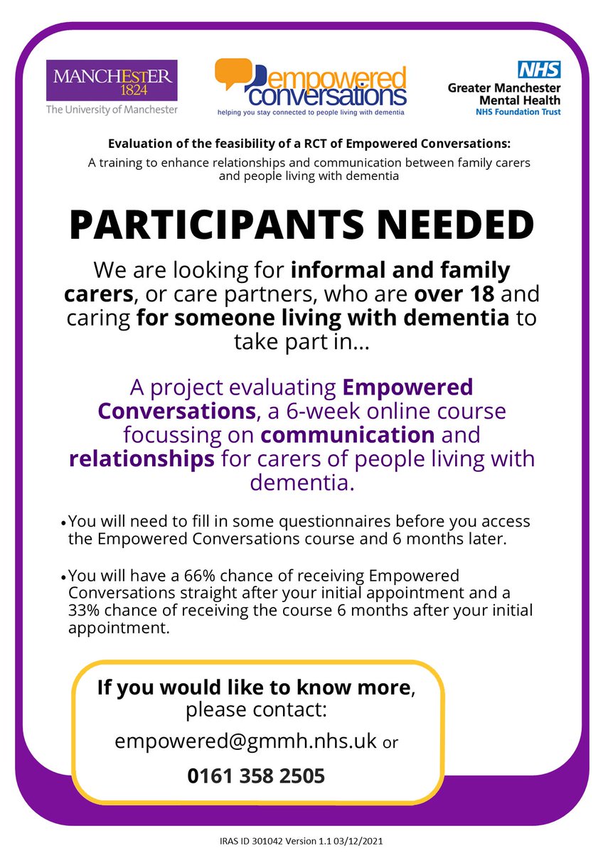 The trial is open to informal care partners of people living with dementia, who live in Greater Manchester. It’s a great opportunity to take part in research!

#BePartofResearch 

@NIHRcommunity @NIHRtakepart @dementiaunited @GM_HSC @APPGDementia @Debbie_abrahams @GMPHN @ARC_GM_