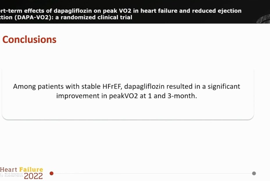 DAPA-VO2, @yulnunezvill presenting our research in the #latebreaking session at #HeartFailure2022 

✅ In patients with #HFrEF dapagliflozin resulted in a significant short-term improvement in peakVO2 

Upcoming publication in #EJHF @ESC_Journals ❗️