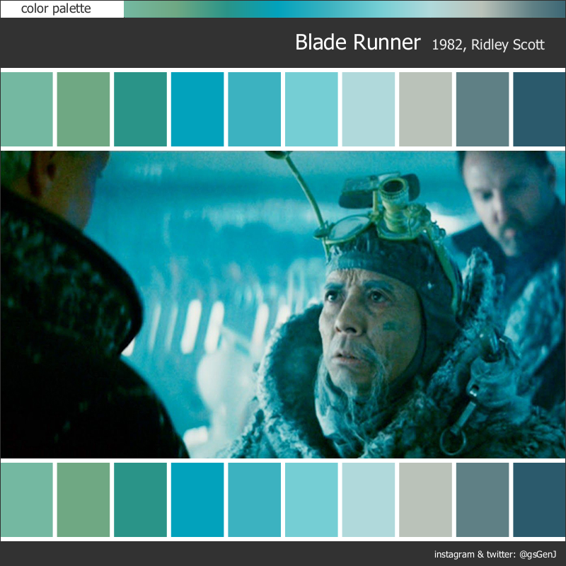 gsgenj_colors's tweet photo. Color palette: Blade Runner (Ridley Scott, 1982) #BladeRunner #RidleyScott #80smovies #scifimovies #scifi #Vangelis #electronicmusic #ambientmusic #moviessoundtracks #colorpalette #colorsofcinema #greenpalette #cinematography #processing #gencode https://t.co/GC8uCTzZr3