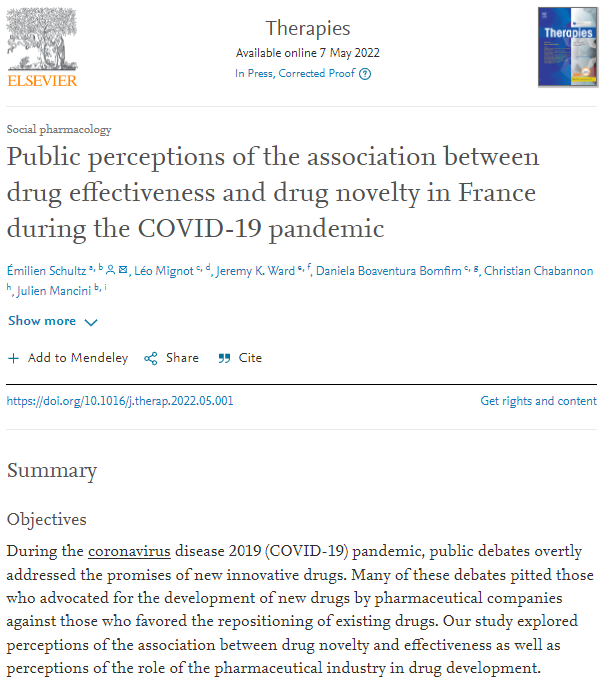 SESSTIM's tweet photo. [#Article] Check out CanBioS team's article co-published in Therapies (@sciencedirect)! 

📰 #PublicPerceptions of the association between #DrugEffectiveness and #DrugNovelty in #France during the #COVID19 pandemic.

💻 https://t.co/vdyaUz3Kpg

#PublicHealth #SocialPharmacology https://t.co/JkZWMzOL4r