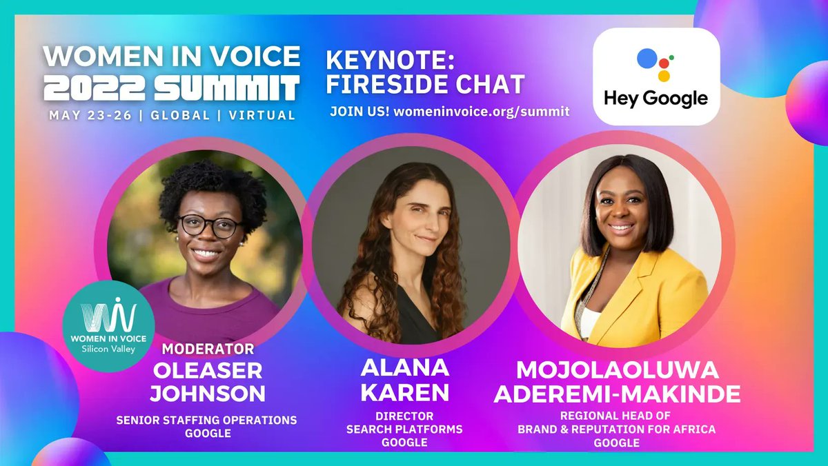 WomenInVoice's tweet photo. Starting in 1 HOUR! โ
Keynote Fireside Chat with Alana Karen and Jola Aderemi-Makinde moderated by WiV Silicon Valley ambassador Oleaser Johnson!
It's not too late to attend!:
https://t.co/yUT9uPu1JP
Get the app and join the party ๐ฅณ !
https://t.co/yPNZfoY9I2
#wivsummit https://t.co/9MyonZKwYb