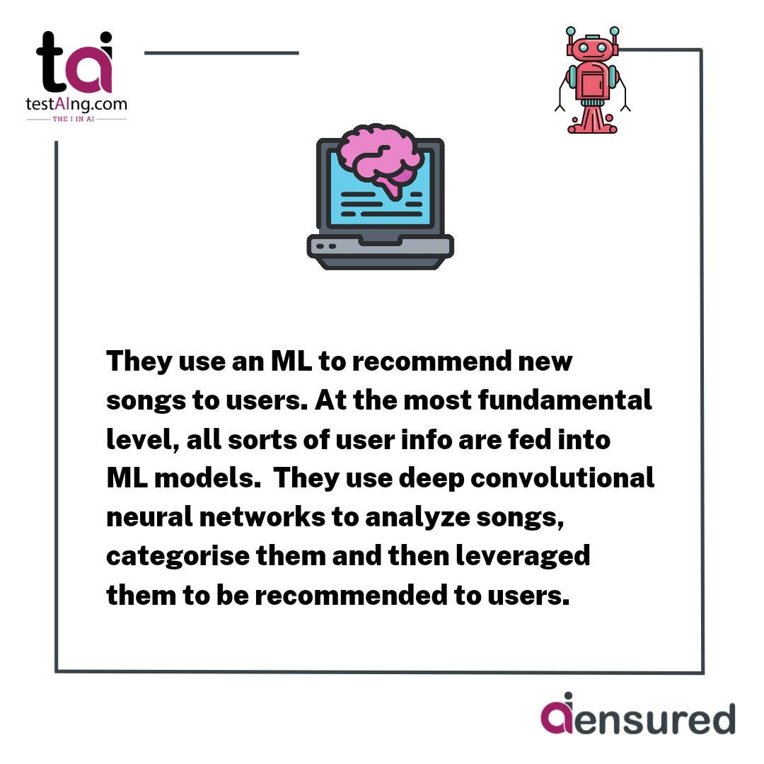 testaing's tweet photo. Spotify has now become part of our daily life. I would not be wrong to say that Spotify knows our music test better than us. Ever wonder how Spotify do this? Swipe to know...:)

Follow us to keep updated with the latest AI and ML trends https://t.co/Jt5sgGtS7p