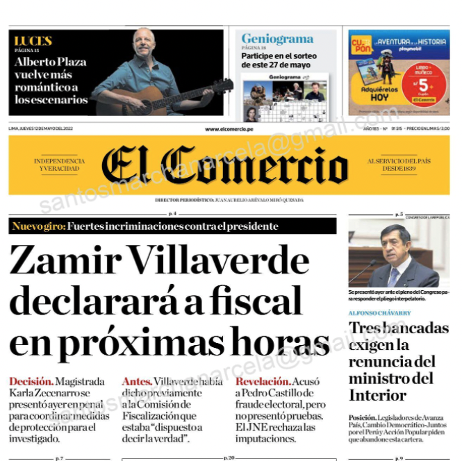 eloymarchan's tweet photo. Las dos caras de @elcomercio_peru:
-12 de mayo: Portada diciendo "fuertes incriminaciones" de Zamir Villaverde contra el presidente @PedroCastilloTe.
-Hoy 23 de mayo: Editorial denunciando que los dichos de Villaverde "parecen tener más de conveniencia que de veracidad". https://t.co/eyuyRXfqEX