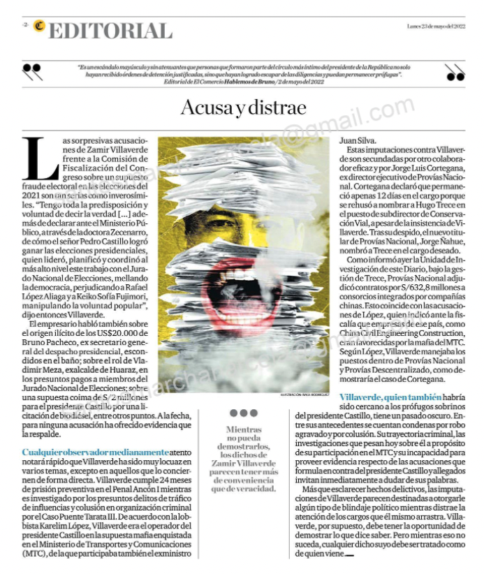 eloymarchan's tweet photo. Las dos caras de @elcomercio_peru:
-12 de mayo: Portada diciendo "fuertes incriminaciones" de Zamir Villaverde contra el presidente @PedroCastilloTe.
-Hoy 23 de mayo: Editorial denunciando que los dichos de Villaverde "parecen tener más de conveniencia que de veracidad". https://t.co/eyuyRXfqEX
