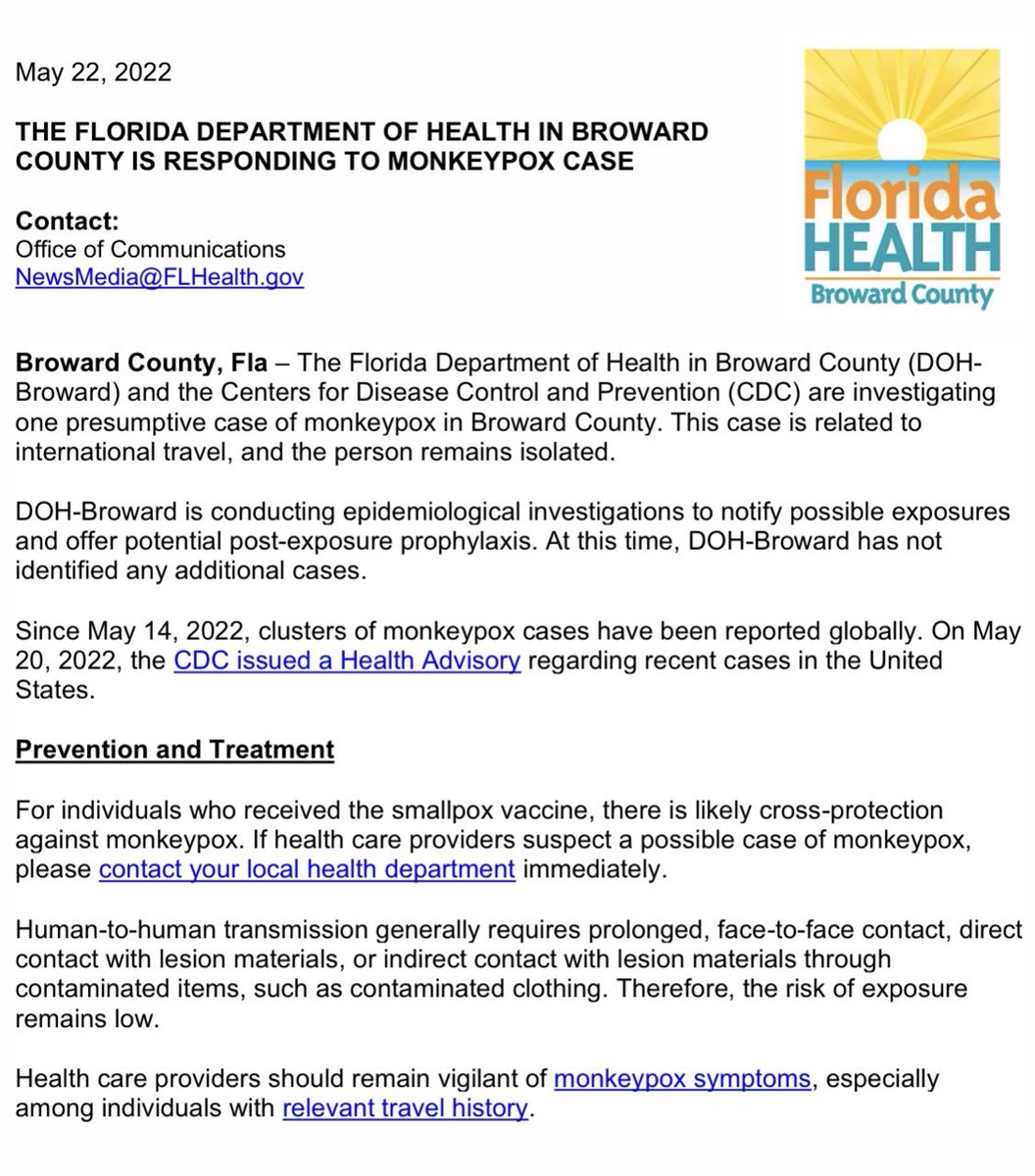 EpiDemiLogos's tweet photo. #FDOH is investigating a presumptive case of #monkeypox in Broward County, FL related to international travel. I am not exactly sure what "presumptive" means as it is not in the #CDC case definition. https://t.co/K2gTz5bHdL