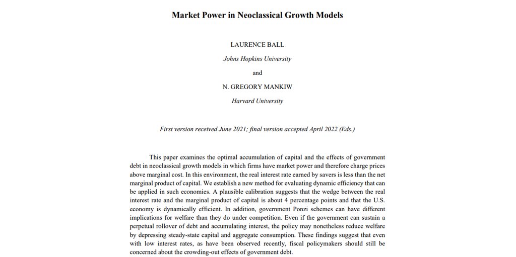 The Review of Economic Studies (@reveconstudies) on Twitter photo Ball <a href="/JohnsHopkins/">Johns Hopkins University</a> and Mankiw <a href="/Harvard/">Harvard University</a> extend the classic growth models of Solow and Diamond to include firms with market power, delivering new insights about the effects of government debt.
restud.com/paper/market-p… Ball <a href="/JohnsHopkins/">Johns Hopkins University</a> and Mankiw <a href="/Harvard/">Harvard University</a> extend the classic growth models of Solow and Diamond to include firms with market power, delivering new insights about the effects of government debt.
restud.com/paper/market-p…