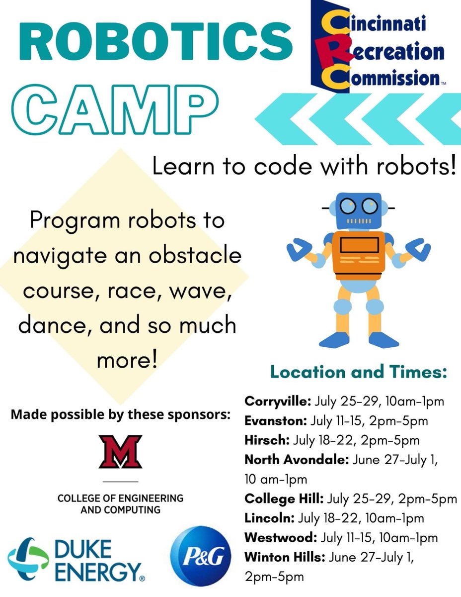 BPI_Cincy's tweet photo. CRC is hosting a robotics camp this summer! Check them out at any of the following dates!
#BLM #BPI #nonprofit #robotics #returnthepower https://t.co/iaU9OseBGP