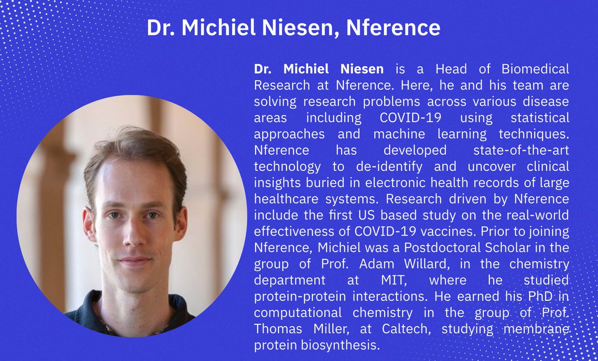 PathcheckR's tweet photo. Join us today (May 24th) at 10 AM EST for the talk from Dr. Michiel Niesen (Head of Biomedical Research, @_nference ). They have been doing a lot of impactful work on both public and precision health and have partnered with orgs like @MayoClinic! https://t.co/C2tod1vlNA