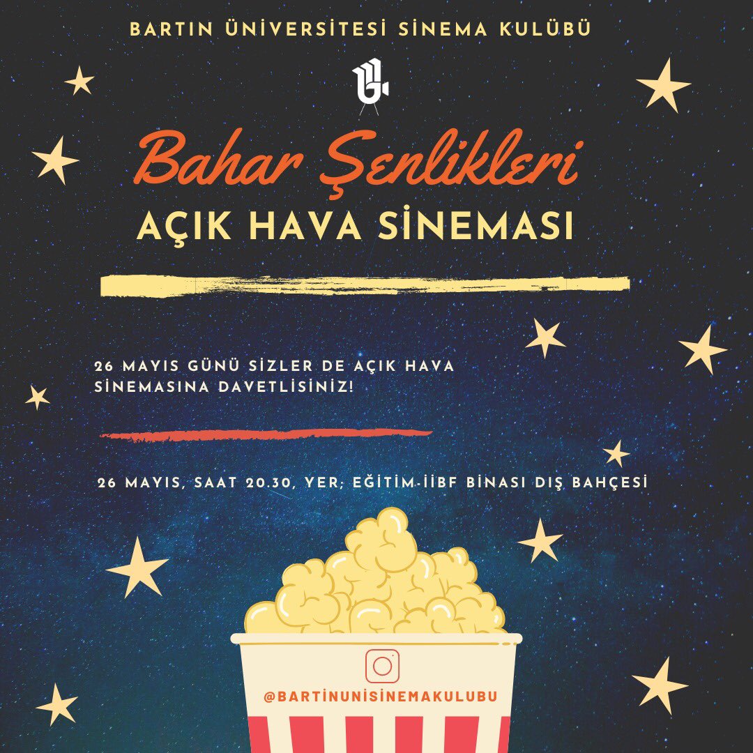 🚨🚨🚨Herkese merhaba! 26-27 Mayıs tarihlerinde gerçekleşecek olan “Bilim, Kültür, Sanat ve Spor Şenlikleri”nde biz de Sinema Kulübü olarak yerimizi aldık! 26 Mayıs saat 20.30’da Eğitim-İİBF Binası Dış Bahçeye hepinizi bekliyoruz. 🎬