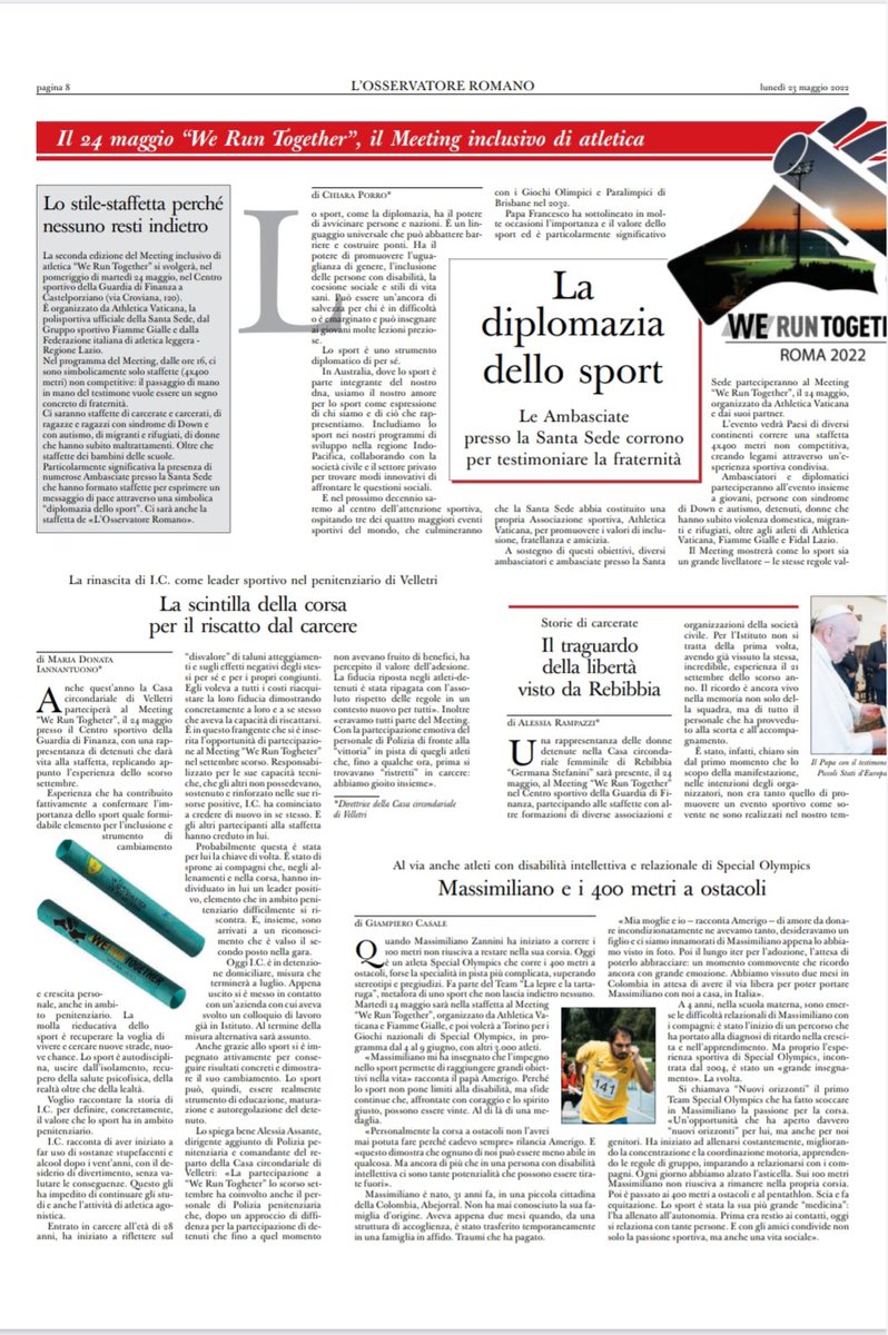 AusAmbHolySee's tweet photo. 🏃🏽‍♀️Excited to participate in tomorrow’s We Run Together event, alongside other Ambassadors and Embassies. Read my article in today’s Osservatore Romano on the value of sports diplomacy and what it means for Australia👇 @SportsDipAUS @dfat @sport4humanity @oss_romano @VaticanNews https://t.co/9QeMIzwV6I