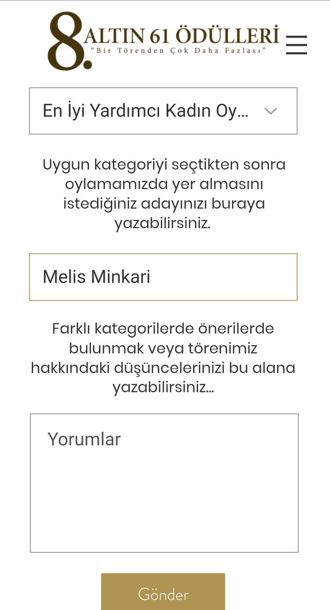 Yeni ödülümüz olacak
Hadi fandom
en iyi yardımcı erkk ve kadin oyuncu
Hadi‼️
altin61odulleri.com
