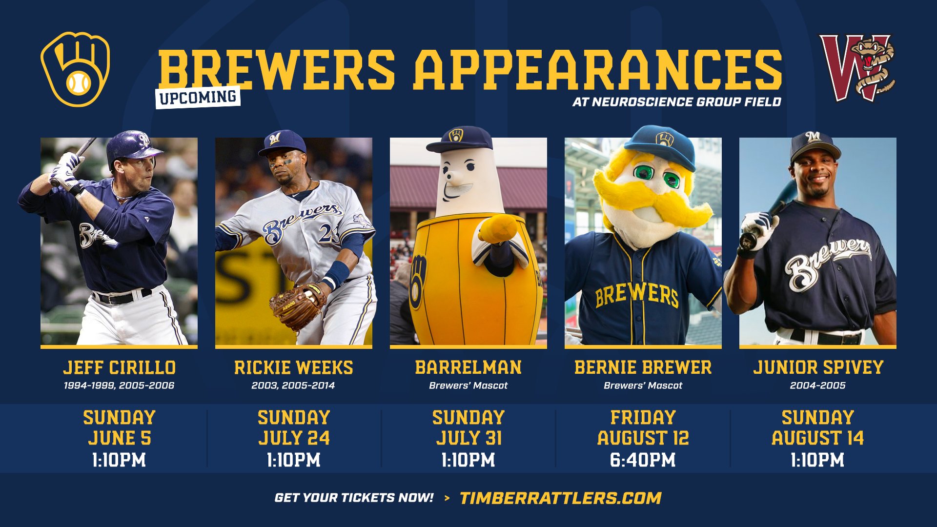 Wisconsin Timber Rattlers on X: Even more @Brewers appearances are headed  your way this season! June 5 ⏩ @theicon26 July 24 ⏩ Rickie Weeks July 31 ⏩  Barrelman August 12 ⏩ @Bernie_Brewer