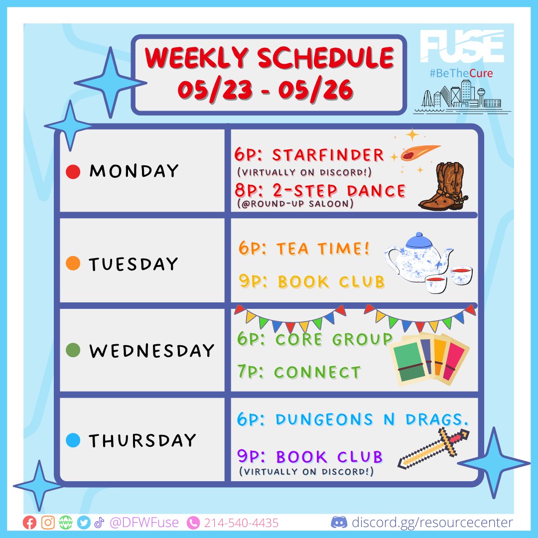 Here is our calendar for the week!  Drag Night is BACK after more than 2 years!

Fuse is a Social Group for 18-35-year-old guys who like other guys!

#DFWFuse #DFWFuse #gay #gaydallas #dallaslgbt #dallaslgbtq