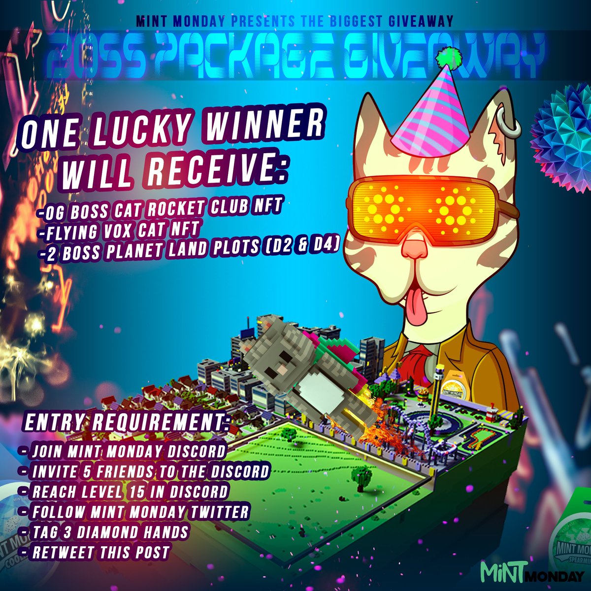 _cryptofriends's tweet photo. We would like to announce our Biggest Giveaway thus far…
“The Boss Package Giveaway” 🎉🎉 One lucky winner will receive an “OG Boss Cat”, “Flying Vox Cat” & 2 Boss Planet Land Plots (D2/D4)
Please follow the entry requirements on the flyer and retweet this flyer! Let’s go! https://t.co/ORtcNLjWtJ