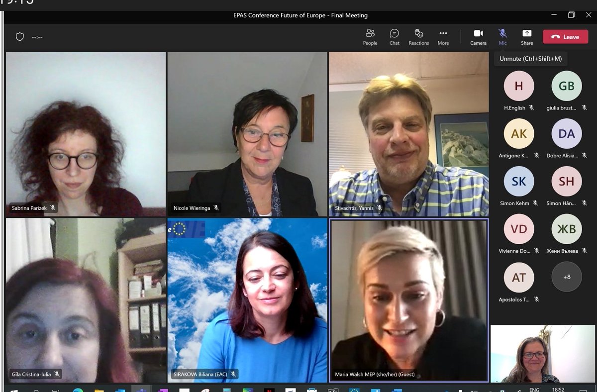 VikiMalcolm's tweet photo. A special night tonight with the final #EPAS #CoFoE webinar. Students presented their proposals on how they would like to see Europe grow to our special guests @MariaWalshEU @BilianaSirakova @ColmMarkey #YannisStivachtis @ceuttss #ParticipativeDemocracy #StudentVoice 💙 🇪🇺 https://t.co/WtjRyQqe4d