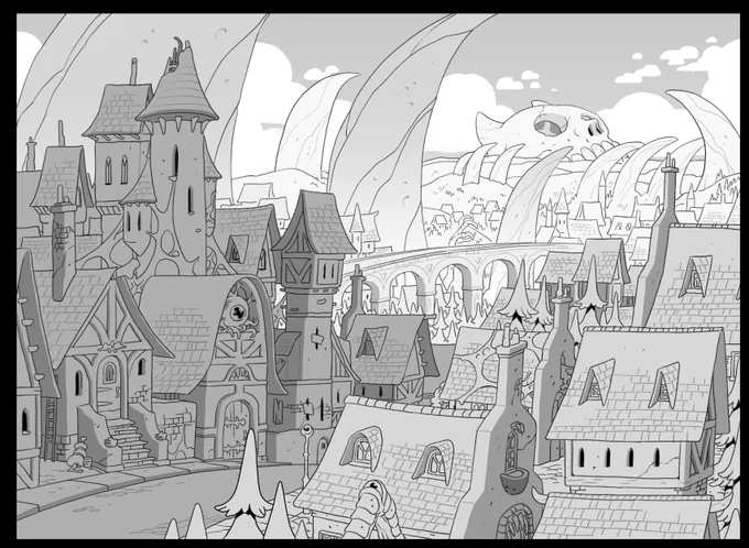 A few backgrounds from Clouds on the Horizon! One of my favorite Bonesborough shots in here, plus some general expansion of existing locales. The CATS headquarters was done after previs by @stesug! You can see that the rose over the door was changed for LORE REASONS 