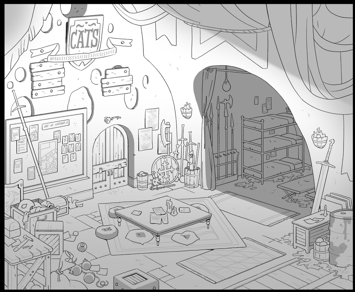 A few backgrounds from Clouds on the Horizon! One of my favorite Bonesborough shots in here, plus some general expansion of existing locales. The CATS headquarters was done after previs by @stesug! You can see that the rose over the door was changed for LORE REASONS 