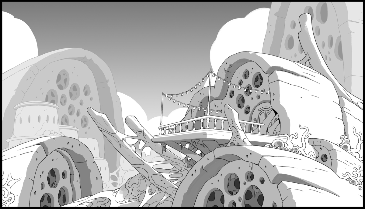 A few backgrounds from Clouds on the Horizon! One of my favorite Bonesborough shots in here, plus some general expansion of existing locales. The CATS headquarters was done after previs by @stesug! You can see that the rose over the door was changed for LORE REASONS 