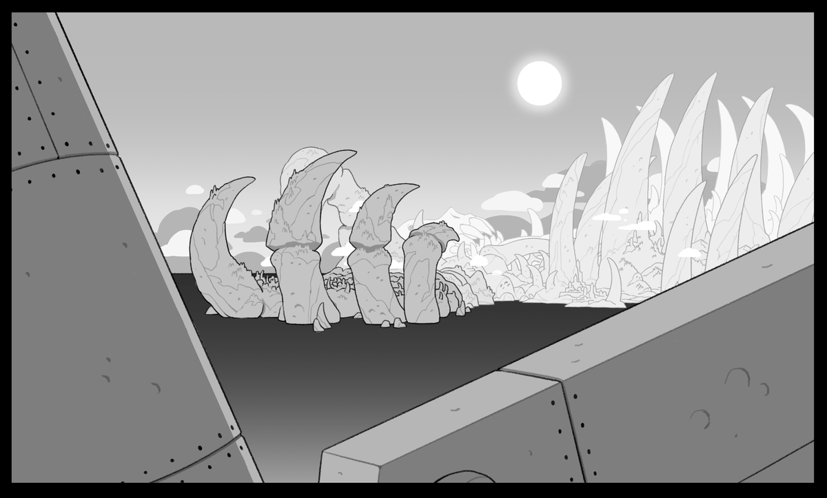 A few backgrounds from Clouds on the Horizon! One of my favorite Bonesborough shots in here, plus some general expansion of existing locales. The CATS headquarters was done after previs by @stesug! You can see that the rose over the door was changed for LORE REASONS 