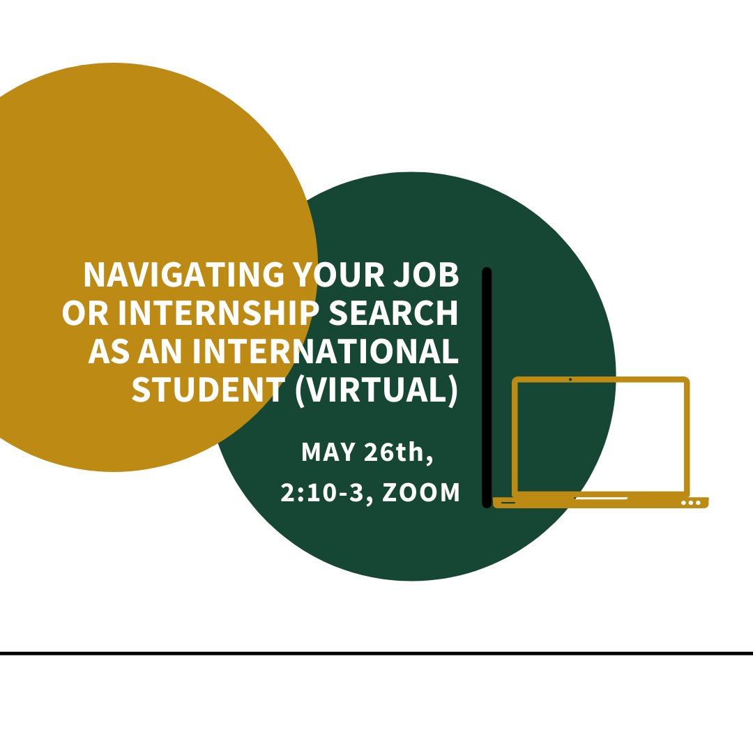 Are you an international student wanting to learn more about your options for internships &amp; jobs within the U.S.? Attend this virtual workshop THIS Thursday from 2-3 to hear from Career Services and the International Center on how to search for internships/full-time jobs!