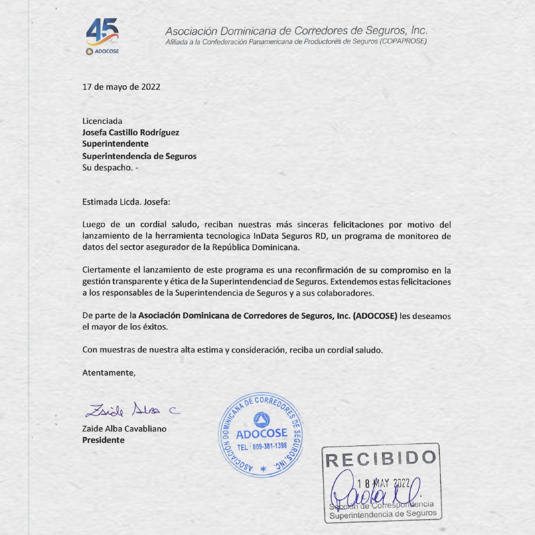 SuperSegurosDO's tweet photo. ℹ️ Nuestra Superintendente de Seguros, Josefa Castillo Rodriguez recibe felicitaciones por parte de ADOCOSE sobre el lanzamiento de la herramienta "InDataDR" Programa de monitoreo de datos del sector asegurador del país.
#Superseguros #Felicitaciones #ADOCOSE #InDataDR https://t.co/0NtvAQ5s5w