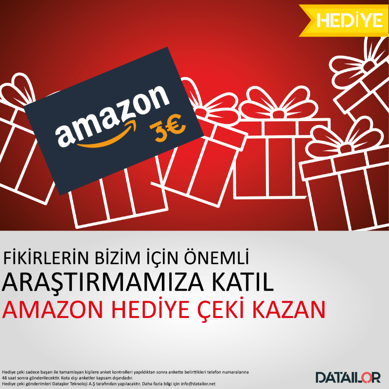 DatailorTech's tweet photo. 3 Euro'luk Amazon Hediye Çeki ister misin? 

Kadın katılımcılarımızın alışveriş tercihlerini anlamak için hazırladığımız anketimize katıl hediye 3 EUR'luk çekini kazan. Anketimiz sadece Almanya'da ikamet eden türk kadınlarına yöneliktir. Yaklaşık 10 dk.