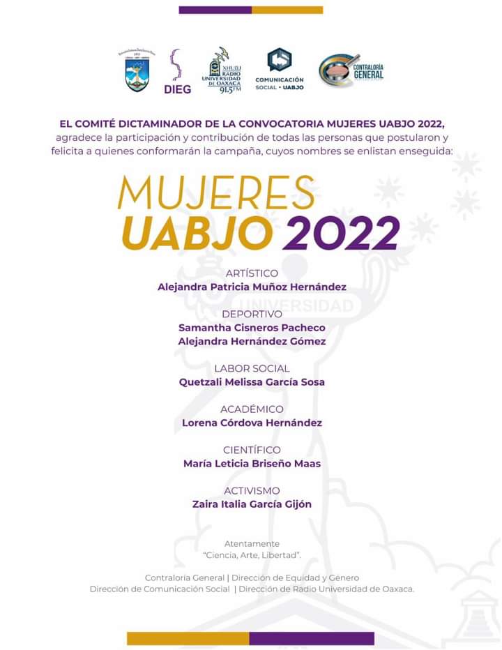 XhubjRadio's tweet photo. Después de emitir la Convocatoria el pasado 8 de marzo a través de la Dirección de Equidad y Género @DUabjo damos a conocer los resultados. ¡Felicidades a las universitarias ganadoras!

"Ciencia, Arte, Libertad"
#MujeresUABJO2022 https://t.co/vYyoQtliuv