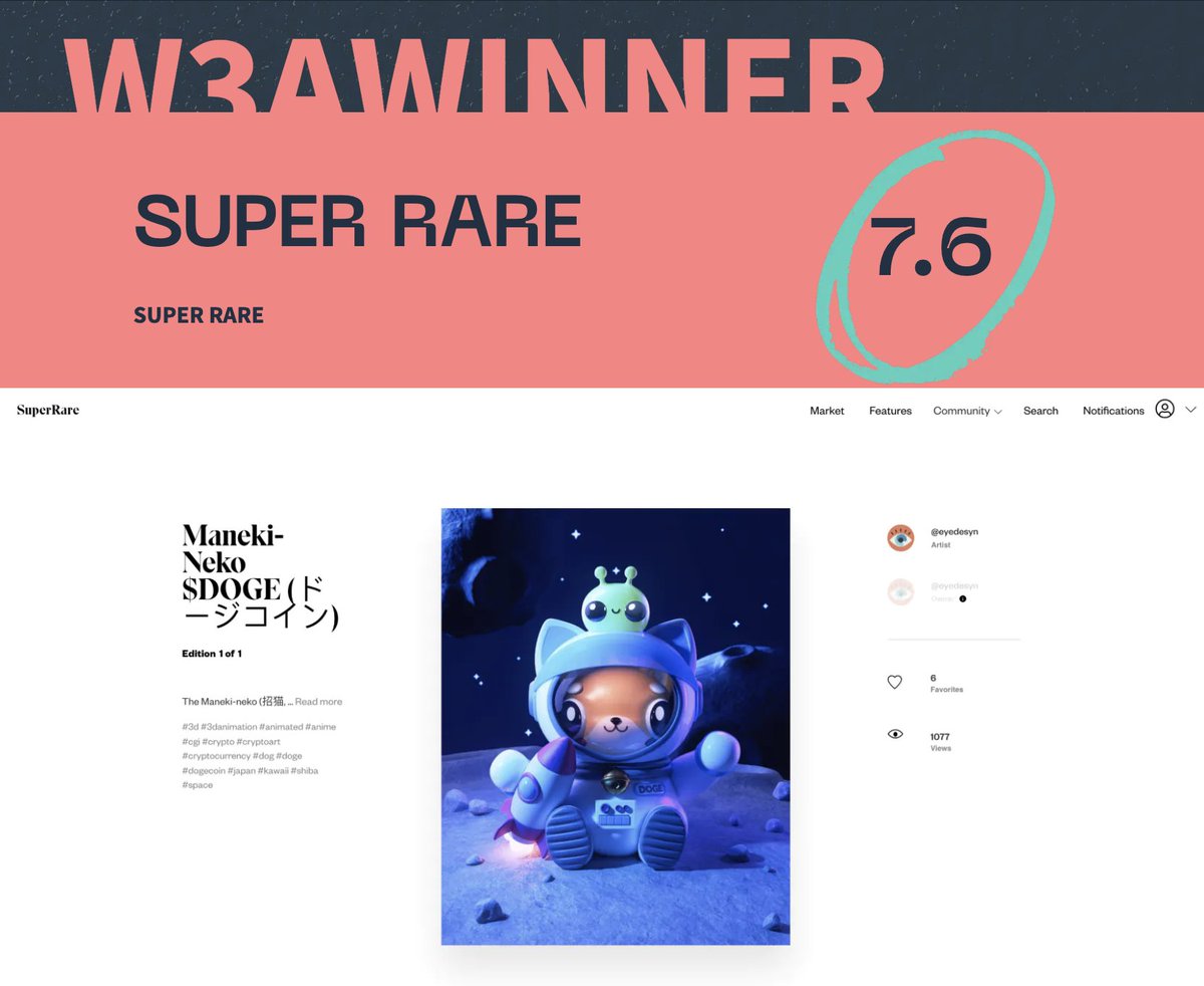 TheW3A's tweet photo. #W3A Winner of the Week: 
@SuperRare Congrats! "Instagram meets Christie’s" SuperRare is an NFT platform which aims to bridge the gap between traditional auction houses and your everyday NFT selling artist. https://t.co/XSrpYTfvO5 | #web3 #marketplace #art #NFT https://t.co/FmFYh6sJ0X