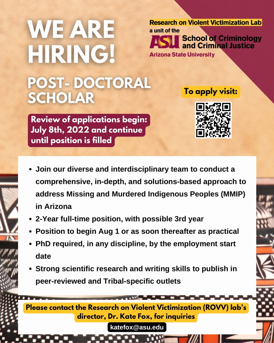 Come work with me!  The Research on Violent Victimization Lab is hiring a Post-Doctoral Scholar!  

We are looking for a postdoc to conduct research regarding the missing and murder of Indigenous people in Arizona.  This position is open to any discipline! DM me for more info!