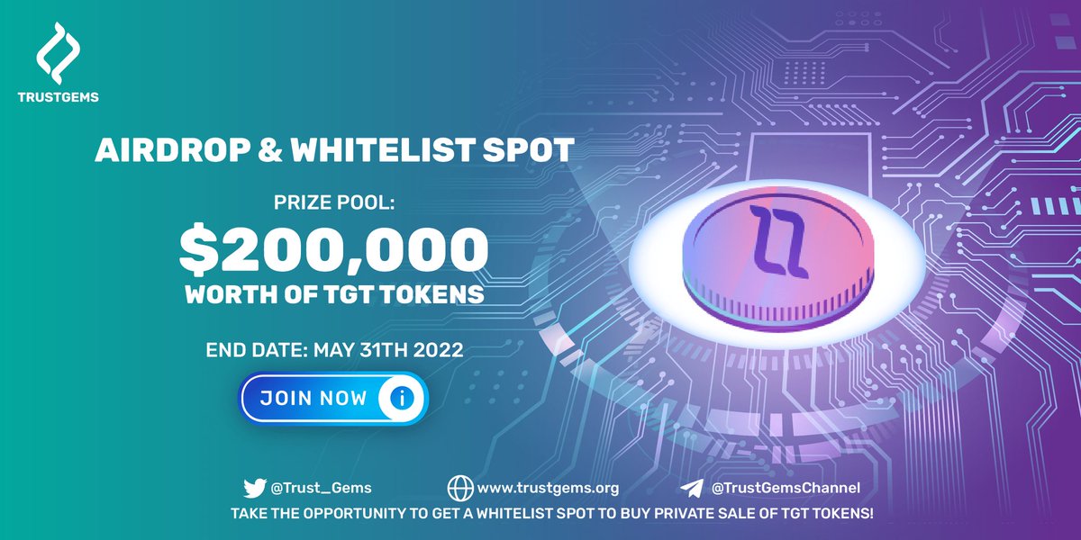 🪂 New Airdrop: TrustGems 
💎 Pool: $200,000 TGT + $1,000 USDT
🚀 Referral: Top 5 $200 USDT each 
🏆 Winners: All Participants
📆 End Date: 31st May, 2022
📢 Distribution: 5th July, 2022

🔗 Airdrop Page: bit.ly/3NvhlwR

#Airdrop #AirdropAchiever #Crypto #NFTs #BTC #BNB