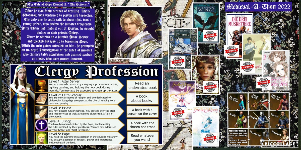 <a href="/Medievalathon/">Medieval-A-Thon</a> 2nd round for me. <a href="/Medievalathon/">Medieval-A-Thon</a> was so good to me this year! I was Cleric this time &amp; made it to Pope- Emperor.
Even dashed out a little background story. I challenged some very demanding books &amp; I enjoyed them very much! THANK YOU <a href="/HollyKnece/">Holly Hearts Books</a> 
(avatar: pinterest)