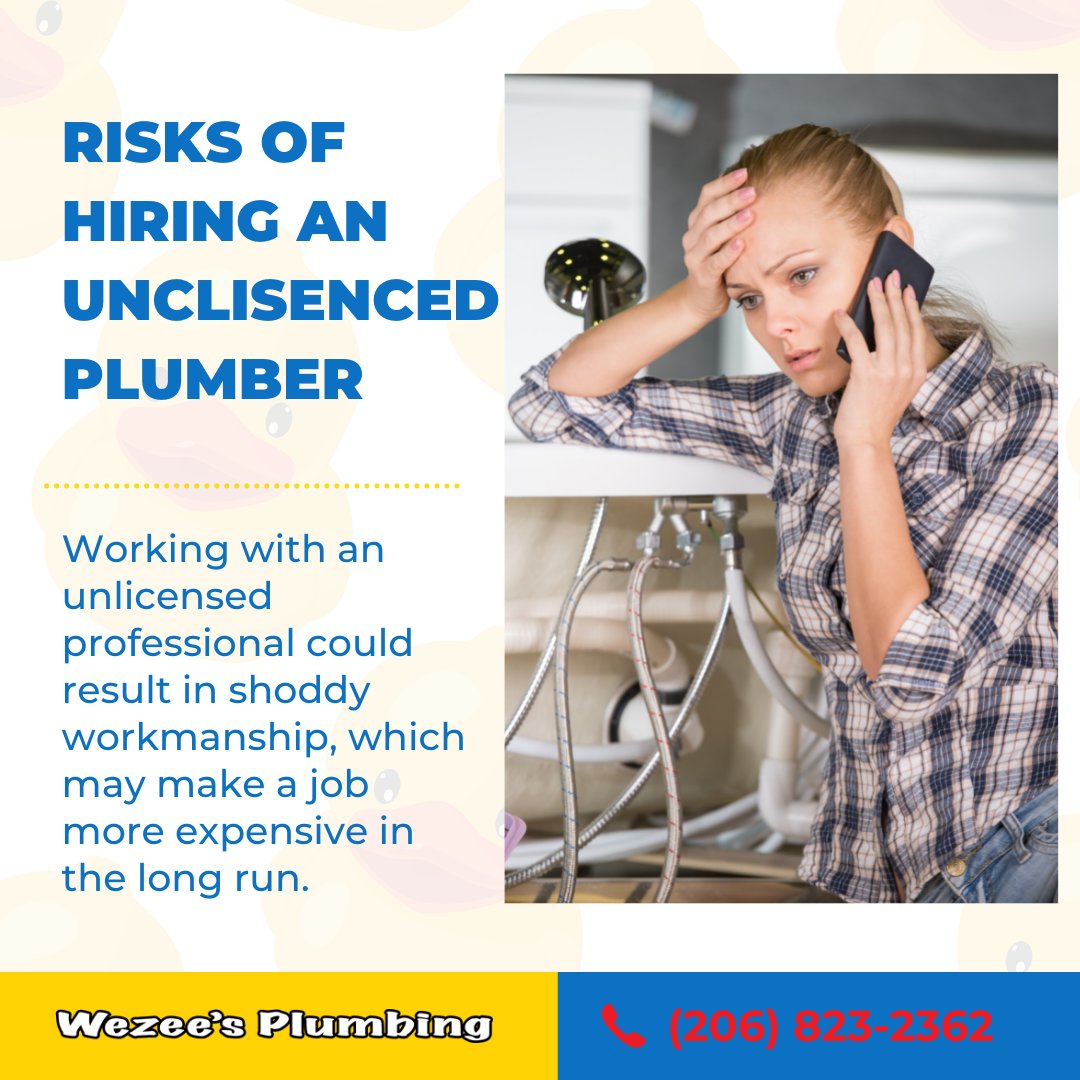 WezeesPlumbing's tweet photo. Hiring an unlicensed plumber is extremely dangerous for a variety of reasons.

1. You won’t be protected by insurance
2. Your house can be damaged
3. You could end up spending even more

We employ only fully licensed employees. Give us a call. 

Contact us here:
(206) 823-2370 https://t.co/EJm8MDO6vY