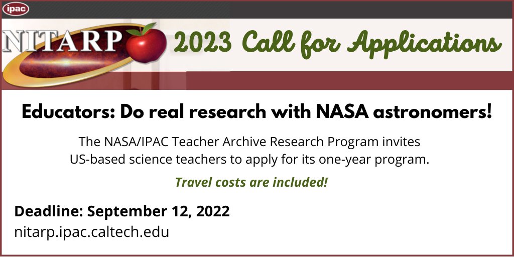 caltechipac's tweet photo. Applications are open for #NITARP! US-based science teachers can conduct authentic astronomical research with #NASA scientists, present their results at #AAS meetings, and share their knowledge with students and colleagues. Travel costs are included! https://t.co/FbqEyLxxRC https://t.co/CdoJ5fwpoK