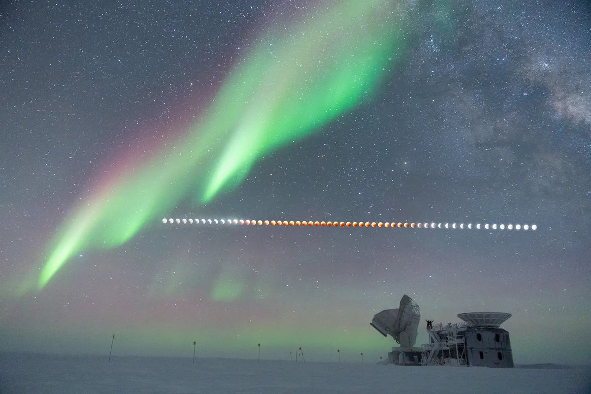 Time-lapse sequence captures the progression of last week’s lunar eclipse at the South Pole, with aurora australis and galactic center as backdrop. At right, the South Pole and BICEP Telescopes @NSF; pic Aman Chokshi