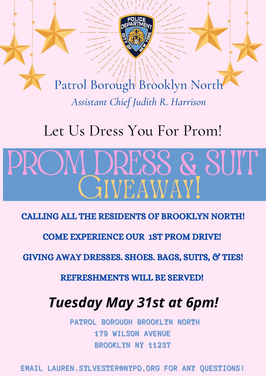 NYPDBklynNorth's tweet photo. Prom dress and suit giveaway at Patrol Borough Brooklyn North! Calling all residents from Brooklyn North to experience our first prom drive. #PBBN #NYPD #promdrive https://t.co/feCO8fxfK6