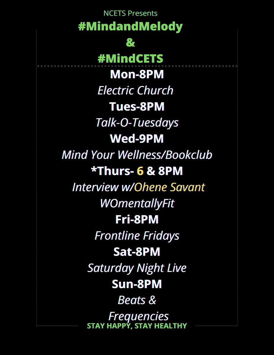 ncetsorg's tweet photo. THIS WEEK ON #MindandMelody and #MindCETS : Tonight Join us for Electric Church with @BervineJunius & @alBart1972
Also don't miss the interview w/ @alBart1972 @k_cashius @_mind_melody w/ @OheneSavant this Thursday!!
*All times are in EST!
DM for questions or DM
@August_Soluna https://t.co/QNYx0yrlCh