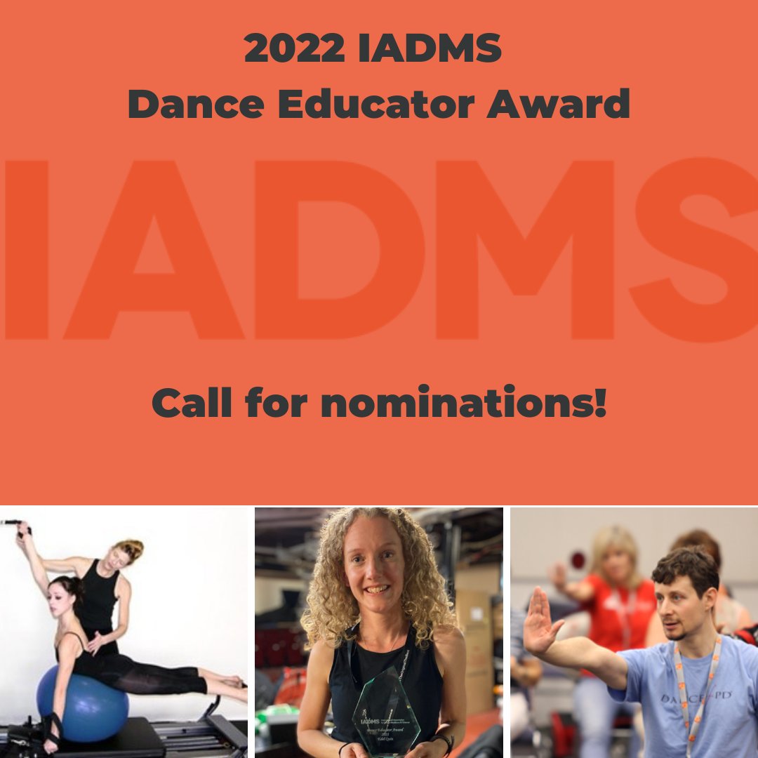 IADMS's tweet photo. The IADMS Dance Educators' Committee is currently accepting nominations for the 2022 Dance Educator Award!
Learn more on our website (https://t.co/PE4MOGgXsS) and submit your nomination by June 15.
#danceeducator #danceeducation #danceteacher #dance https://t.co/CeY7kD7VSy