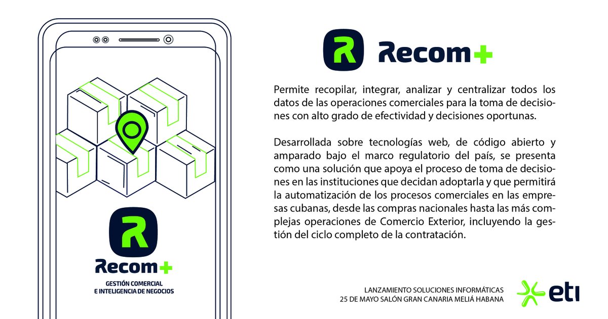 etibiocubafarm1's tweet photo. 📦#RecomPlus es una de las soluciones que serán presentadas en el evento del próximo 25 de mayo. 
Una solución informática útil, ajustada al marco normativo vigente, desarrollada para la automatización de los procesos comerciales. 

💱Compras nacionales, Comercio Exterior y más. https://t.co/N99AMNhHra