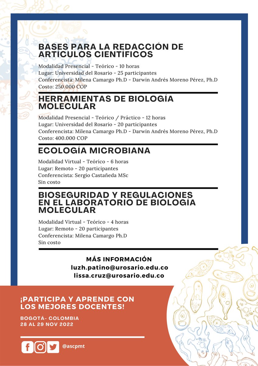 #CURSOS #lanzamiento
La Asociación Colombiana de Parasitología #ACPTM2022 te invita a participar de los cursos pre congreso que han sido diseñados desde distintas áreas del conocimiento 👉desliza para conocerlos. 
⬇️