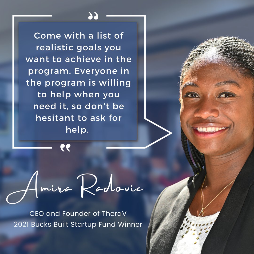 startup_bucks's tweet photo. We asked 2021 Bucks Built Startup Fund winner &amp; founder of @wearTheraV, Amira Radovic, for a piece of advice she would give to the founders applying for our program in 2022.

Here's what Amira had to say 🤝

#startupfund #bucksco #bucksbuilt https://t.co/FLyjDazpiA