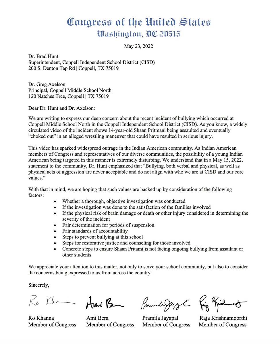 RepRoKhanna's tweet photo. The recent incident of bullying at Coppell Middle School North targeting a young Indian American student is unacceptable and has touched a nerve across the nation.

@RepBera, @CongressmanRaja, @RepJayapal, and I wrote a letter to the school's leaders to voice our deep concerns. https://t.co/72Dod6PFZT