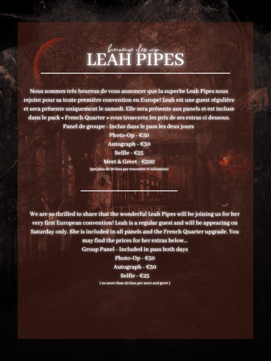 VampiresinParis's tweet photo. We are so excited to welcome Leah Pipes to the #VIPCon roster! Her tickets will be going on sale tomorrow at 16h00! We hope you are as excited as we are for this announcement! https://t.co/E2UKY4ptUG