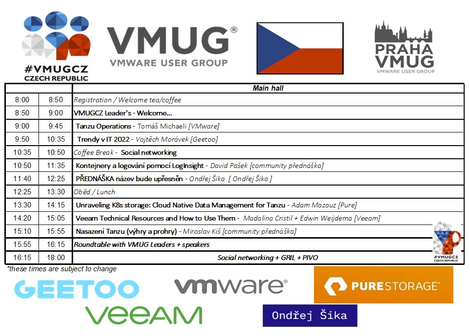 Register on upcoming meeting VMware User Group Czech Republic, Thu 23.6.2020 in Prague. Agenda is out..

Registration: bit.ly/vmugcz_23062022

#VMUGCZ <a href="/MyVMUG/">VMware User Group</a> <a href="/vmugcz/">vmugcz</a> <a href="/vExpert/">VMware vExpert</a> 

Thank you to our sponsors: <a href="/VMware/">VMware</a> <a href="/GeetooCloud/">Geetoo</a> <a href="/PureStorage/">Everpuredata</a> <a href="/Veeam/">Veeam® Software</a> <a href="/ondrejsika/">Ondrej Sika ⚡️</a>