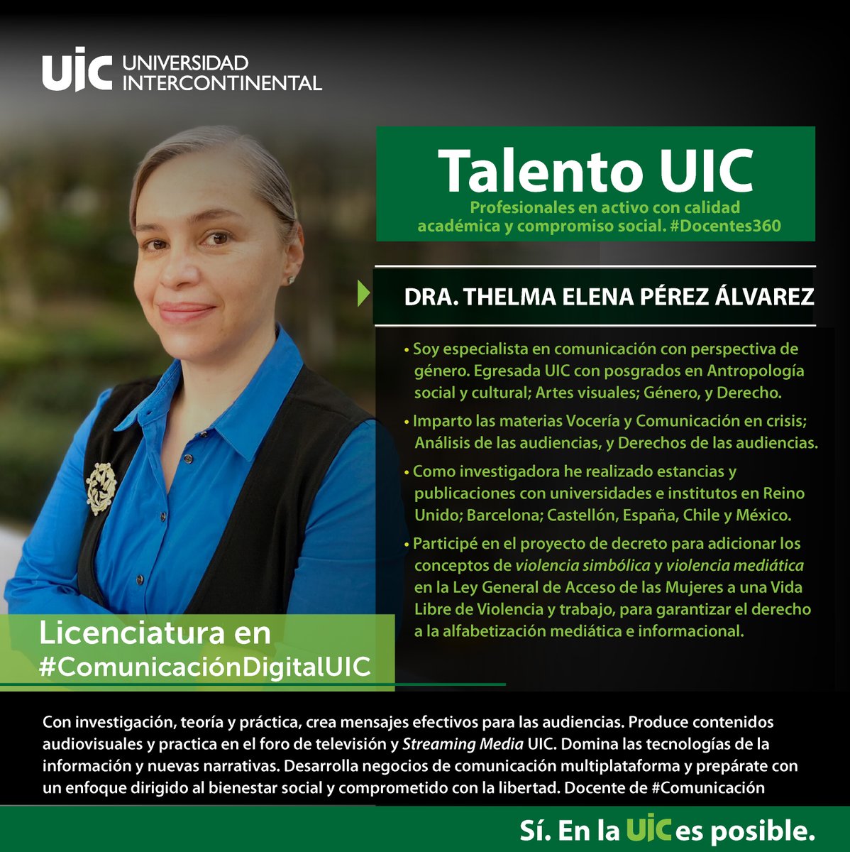 RectorUIC's tweet photo. rt @uicmx: #TalentoUIC Conoce a la Dra. Thelma E. Pérez Álvarez, docente de #Comunicación para la #Licenciatura en #ComunicaciónDigitalUIC
Lee acerca de su trayectoria profesional en activo con calidad académica y compromiso social.
Estudia una carrera e… https://t.co/91X7KIQLFZ
