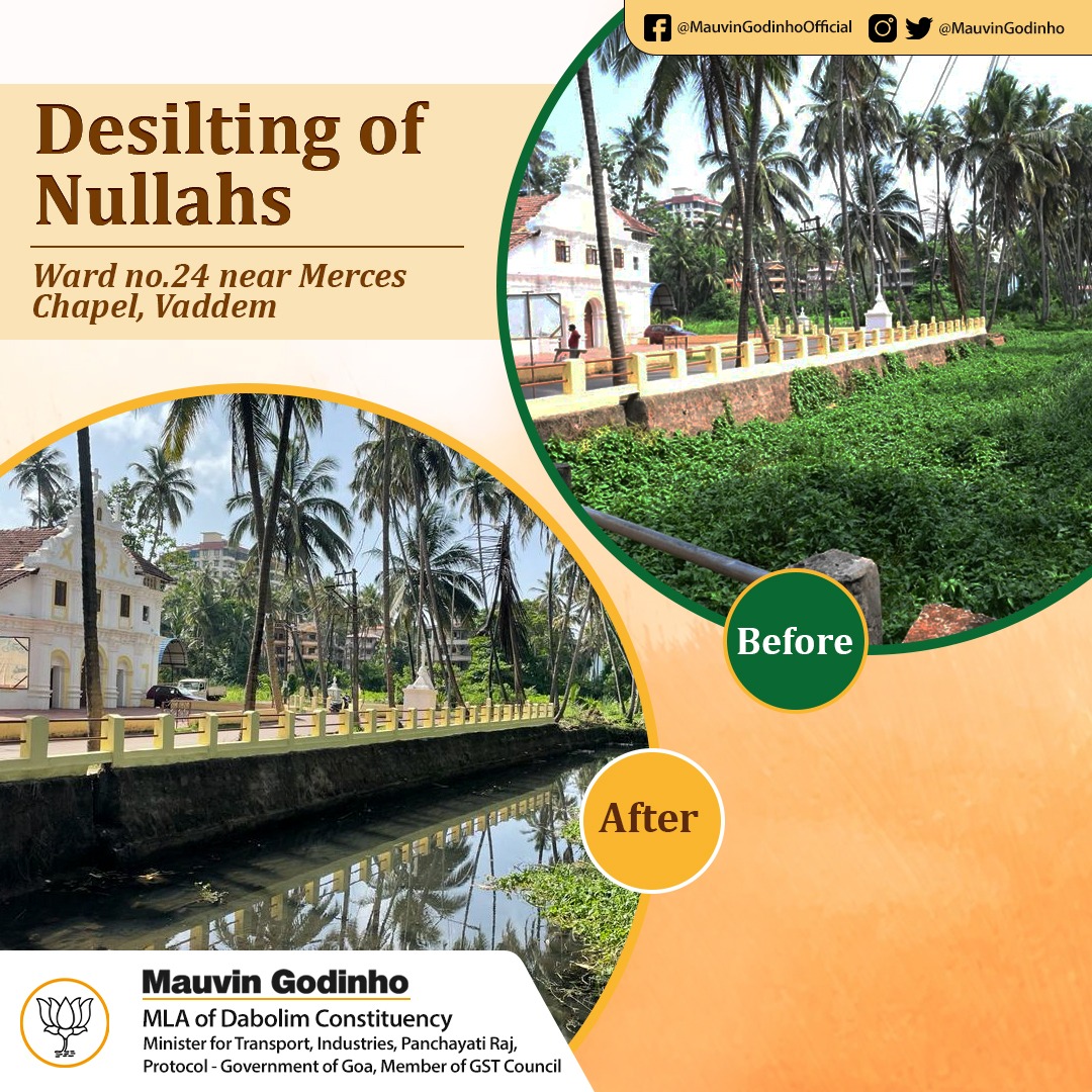 MauvinGodinho's tweet photo. Desilting of #Nullahs done in Ward no. 24 near Merces Chapel, Vaddem in the constituency.
Great job by the workers on the timely completion of work before the monsoon season.
#Desilting #MauvinGodinho #DabolimFirst #BJP #YuvaMorchaDabolim #Dabolim #Goa #India https://t.co/iSTBhGMO0g
