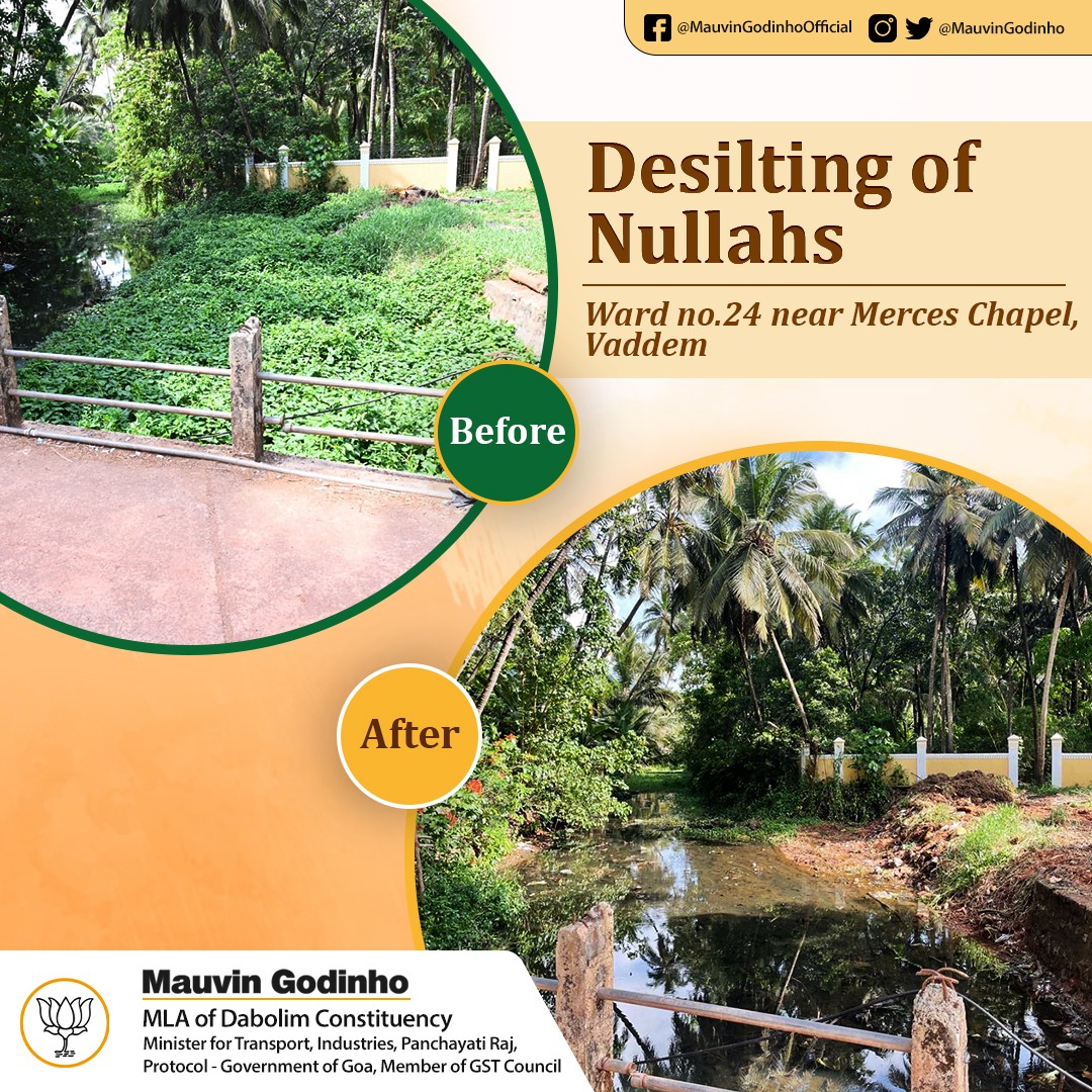 MauvinGodinho's tweet photo. Desilting of #Nullahs done in Ward no. 24 near Merces Chapel, Vaddem in the constituency.
Great job by the workers on the timely completion of work before the monsoon season.
#Desilting #MauvinGodinho #DabolimFirst #BJP #YuvaMorchaDabolim #Dabolim #Goa #India https://t.co/iSTBhGMO0g
